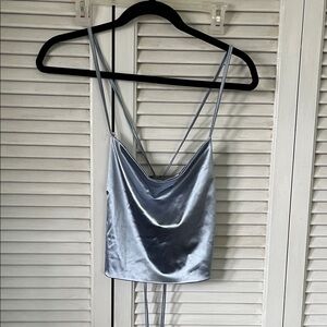 SHEIN Silver Satin Cowl Neck Spaghetti Strap Crop Top